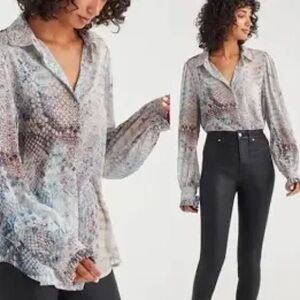 7 All Mankind Blouse Long Sleeve Snake Print Blue, Lavender, Gray Large